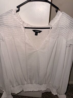Express White Smocked V-Neck Peasant Blouse